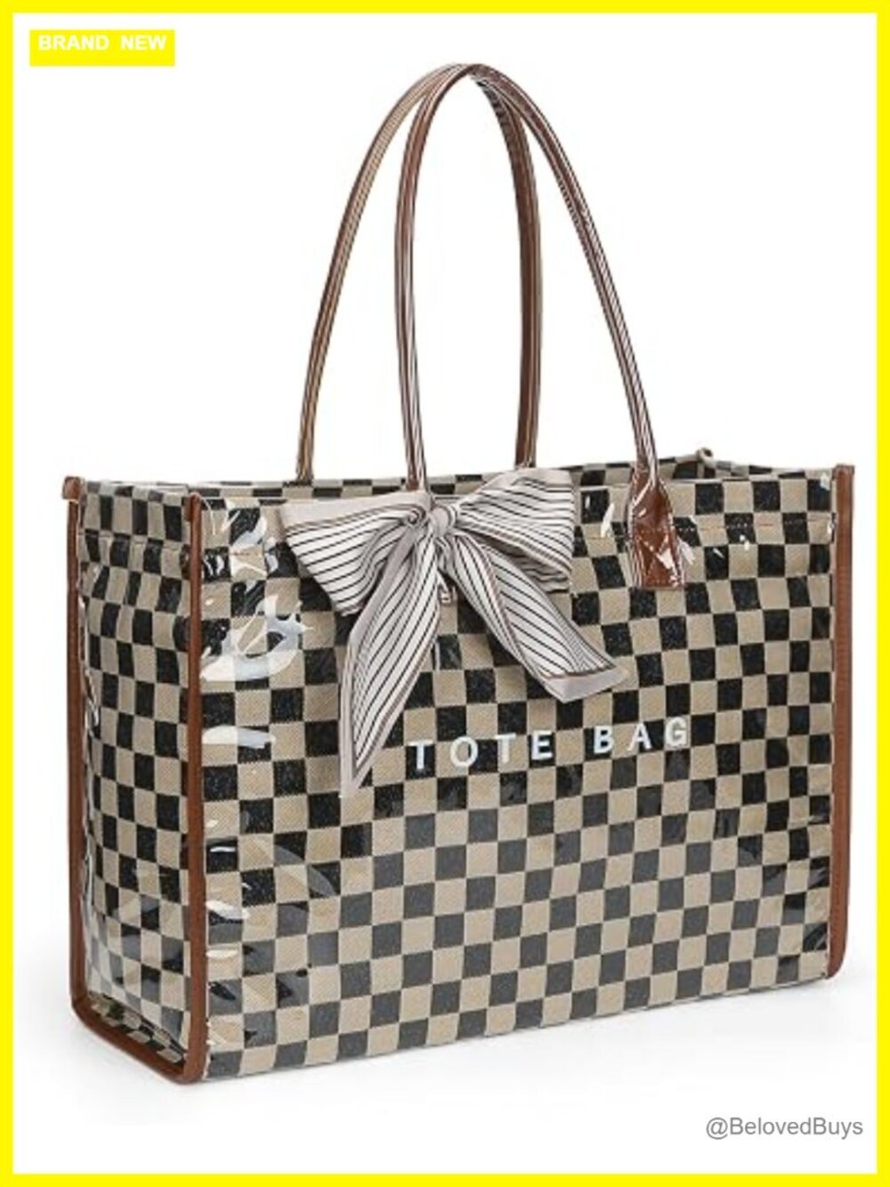 Large PVC Tote Bag with Kraft Paper Letter Print, Work Travel Shoulder Bag, 20L